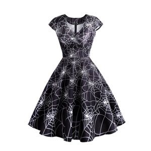 Black Fit & Flare Dress with Cobweb Pattern